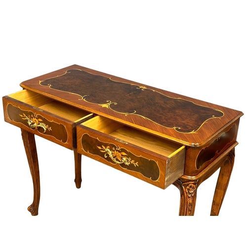 1134 - A French style inlaid king wood and burr walnut side table with 2 drawers on cabriole legs. 114x47x9... 