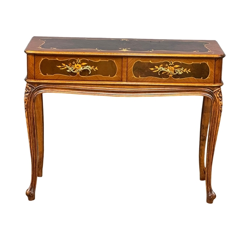 1134 - A French style inlaid king wood and burr walnut side table with 2 drawers on cabriole legs. 114x47x9... 