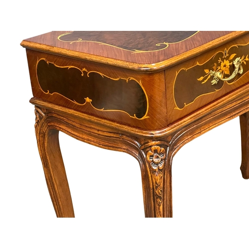 1134 - A French style inlaid king wood and burr walnut side table with 2 drawers on cabriole legs. 114x47x9... 