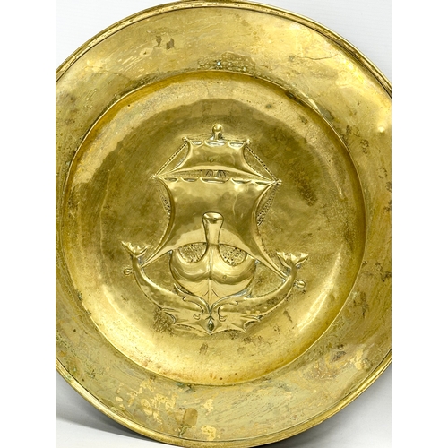 360F - 2 late 19th century brass wall hanging trays. 42cm