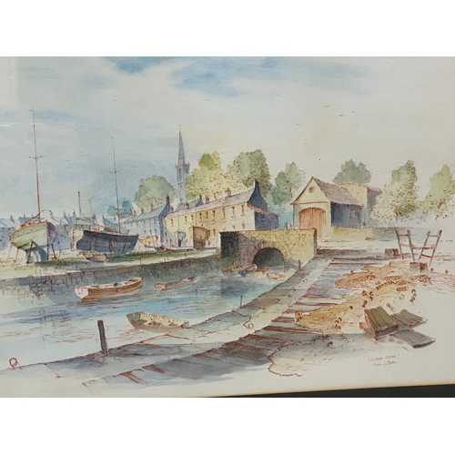 175U - A large watercolour drawing by Colin Gibson. Killyleagh Harbour. 56x41cm. Frame 75x62cm