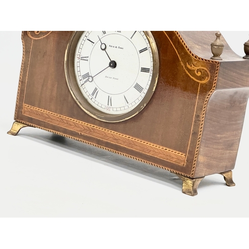 68 - A late 19th/early 20th century inlaid mahogany mantle clock by Reid & Sons. Swiss made. Circa 1890-1... 