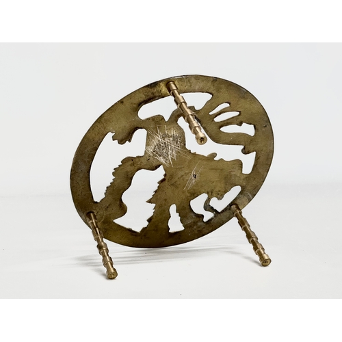 394 - 2 Victorian brass trivet stands and other. 30.5x16.5x11.5cm. Irish clover with paw feet 20x4.5cm