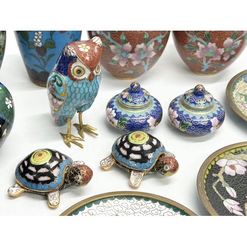 81 - A collection of late 19th and 20th century cloisonné enamel ware. Cloisonné owl 8cm. Pair of ginger ... 