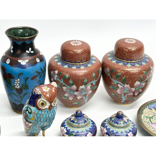 81 - A collection of late 19th and 20th century cloisonné enamel ware. Cloisonné owl 8cm. Pair of ginger ... 