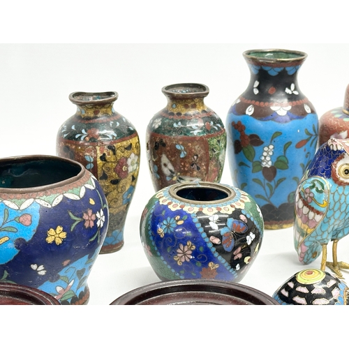 81 - A collection of late 19th and 20th century cloisonné enamel ware. Cloisonné owl 8cm. Pair of ginger ... 