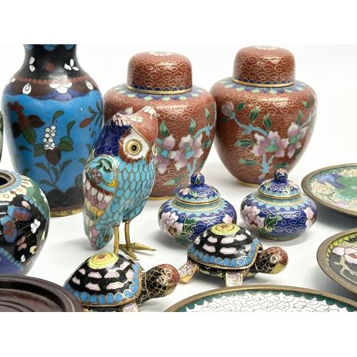 81 - A collection of late 19th and 20th century cloisonné enamel ware. Cloisonné owl 8cm. Pair of ginger ... 