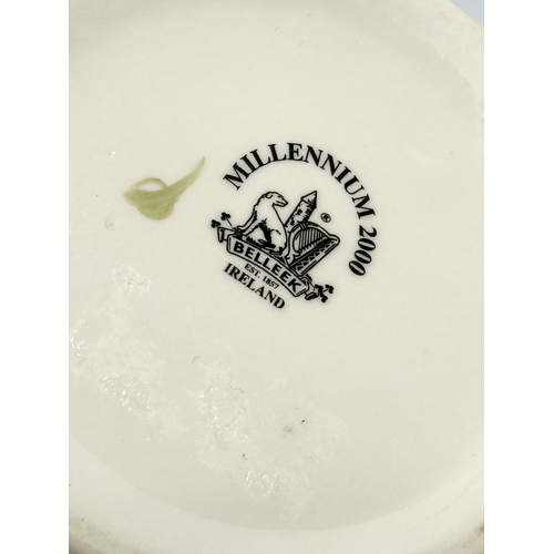 390 - A Belleek Millennium ‘Shamrock’ honey pot with spoon and cover. 9.5x12cm