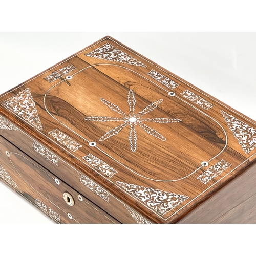 79 - A Victorian rosewood writing slope with Mother of Pearl inlay. Closed 35.5x25x15cm. Open 50cm.