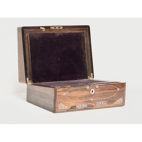 79 - A Victorian rosewood writing slope with Mother of Pearl inlay. Closed 35.5x25x15cm. Open 50cm.