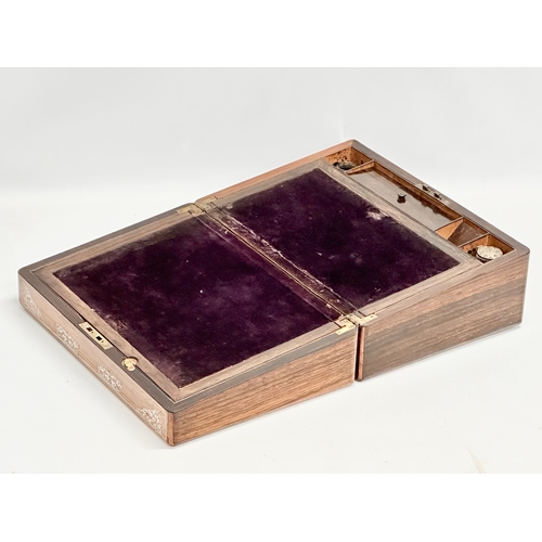 79 - A Victorian rosewood writing slope with Mother of Pearl inlay. Closed 35.5x25x15cm. Open 50cm.