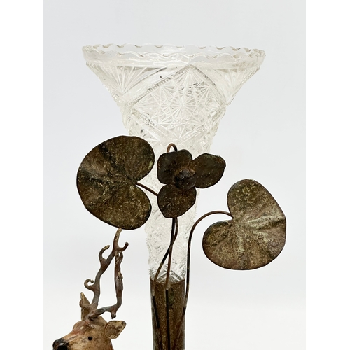 80 - A pair of early 20th century Toleware Stag Epergne’s with pressed glass flute branches. Circa 1900-1... 