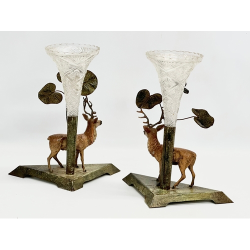 80 - A pair of early 20th century Toleware Stag Epergne’s with pressed glass flute branches. Circa 1900-1... 