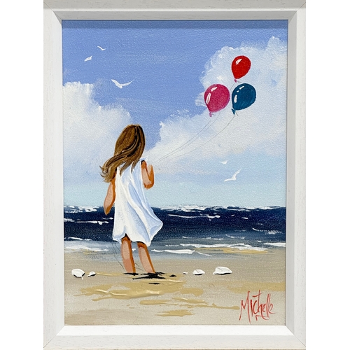 269 - An oil painting on board by Michelle Carlin. Balloon on the Beach. 21x29cm. Frame 43x50.5cm C