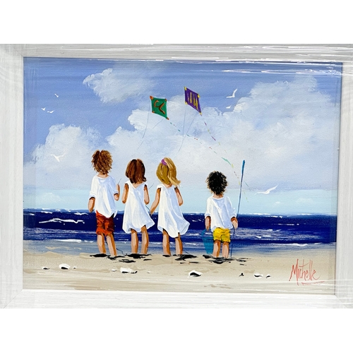 270 - An oil painting on board by Michelle Carlin. Playing With Kites on the Beach. 39x30cm. Frame 52x41.5... 