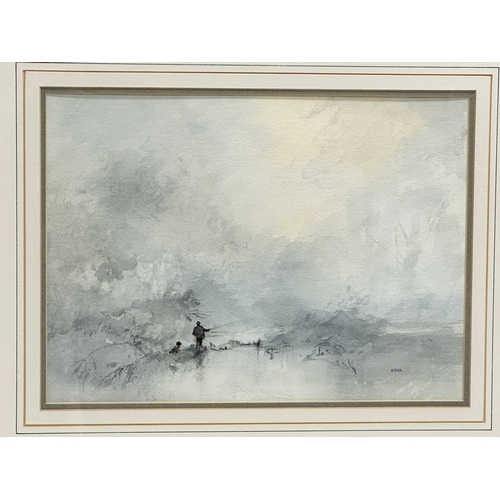 274 - A large watercolour by Tom Kerr. Fishing by the Lake. 39x29cm. Frame 60.5x51.5cm C