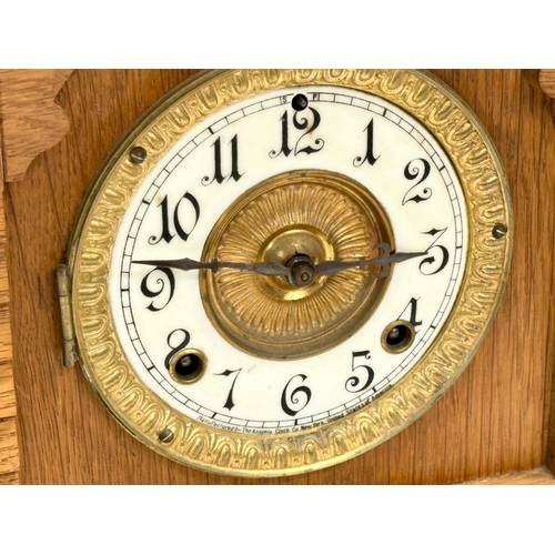 483 - A large late 19th century American oak mantle clock. Ansonia Clock Co. Eight Day Syria Strike. Circa... 