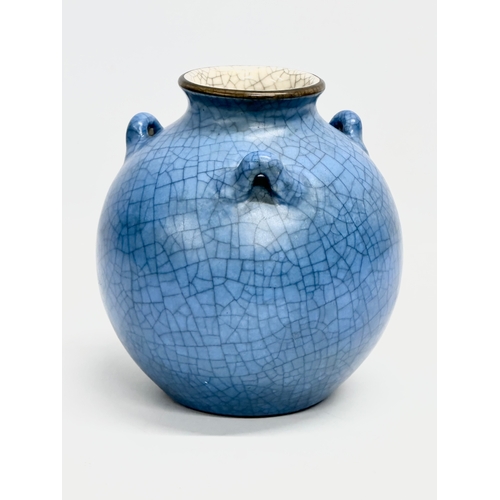 484 - A 20th century Chinese blue Crackle Glazed 3 handled ring pot. Impressed mark on rear. 17x18cm