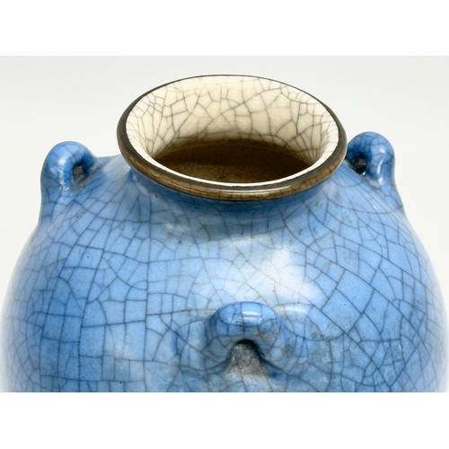 484 - A 20th century Chinese blue Crackle Glazed 3 handled ring pot. Impressed mark on rear. 17x18cm