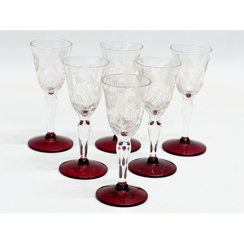 245 - A rare 1930’s etched Ruby Glass drinks set by Louie Wohinc. Weston Glass. Decanter 31.5cm. Stemmed p... 