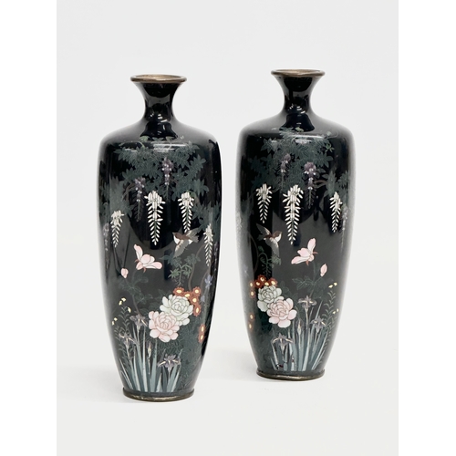 110 - A pair of good quality late 19th century Japanese Meiji period cloisonné enamelled vases with wild f... 