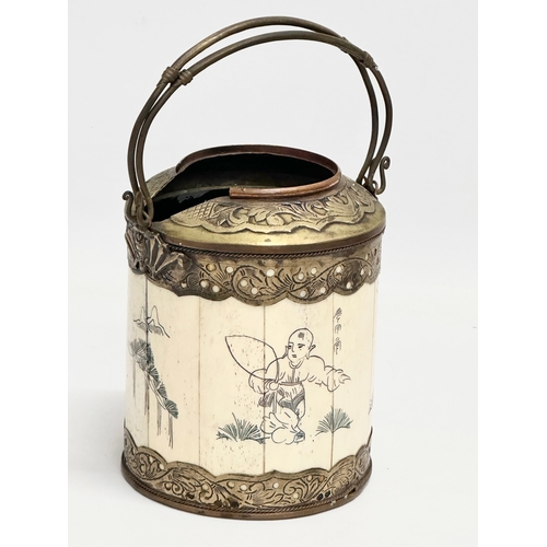 20 - A rare late 19th/early 20th century Chinese bone opium pot with brass mounts, original liner and pou... 