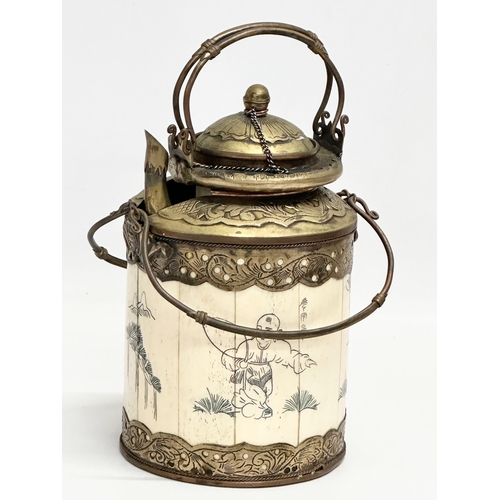 20 - A rare late 19th/early 20th century Chinese bone opium pot with brass mounts, original liner and pou... 