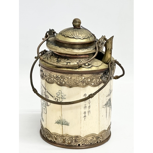 20 - A rare late 19th/early 20th century Chinese bone opium pot with brass mounts, original liner and pou... 