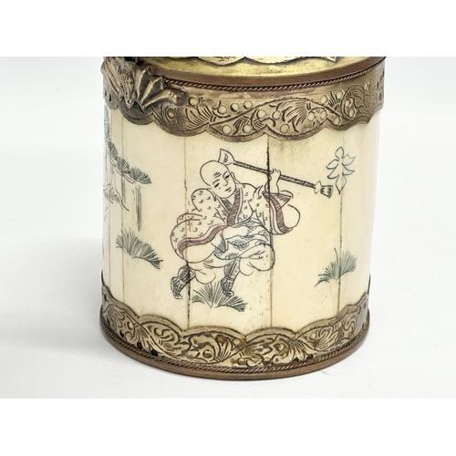 20 - A rare late 19th/early 20th century Chinese bone opium pot with brass mounts, original liner and pou... 