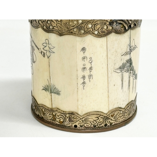 20 - A rare late 19th/early 20th century Chinese bone opium pot with brass mounts, original liner and pou... 