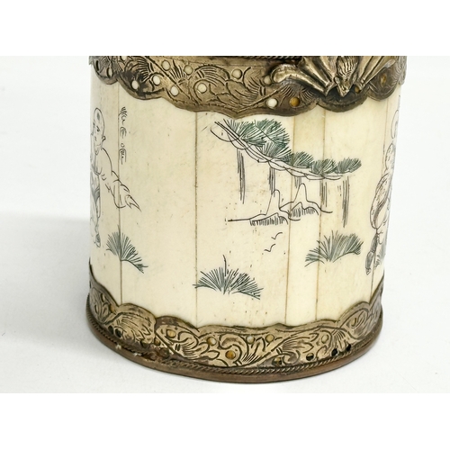 20 - A rare late 19th/early 20th century Chinese bone opium pot with brass mounts, original liner and pou... 