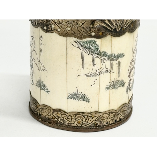 20 - A rare late 19th/early 20th century Chinese bone opium pot with brass mounts, original liner and pou... 