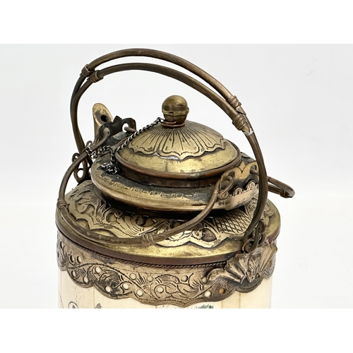 20 - A rare late 19th/early 20th century Chinese bone opium pot with brass mounts, original liner and pou... 