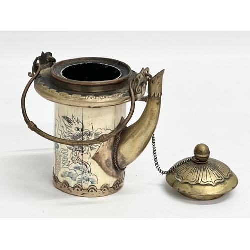 20 - A rare late 19th/early 20th century Chinese bone opium pot with brass mounts, original liner and pou... 