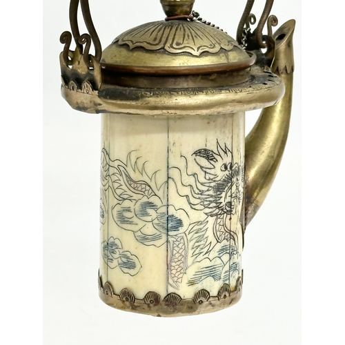 20 - A rare late 19th/early 20th century Chinese bone opium pot with brass mounts, original liner and pou... 