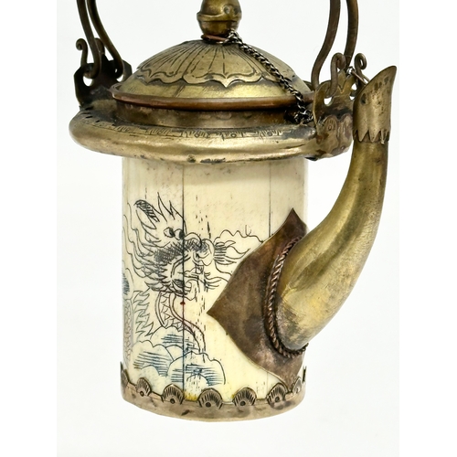 20 - A rare late 19th/early 20th century Chinese bone opium pot with brass mounts, original liner and pou... 