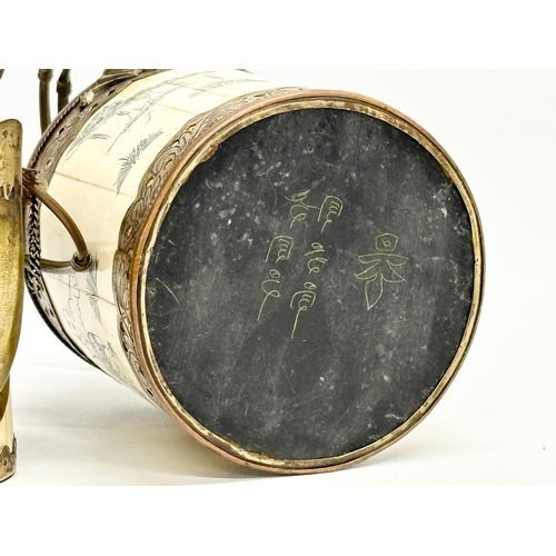 20 - A rare late 19th/early 20th century Chinese bone opium pot with brass mounts, original liner and pou... 