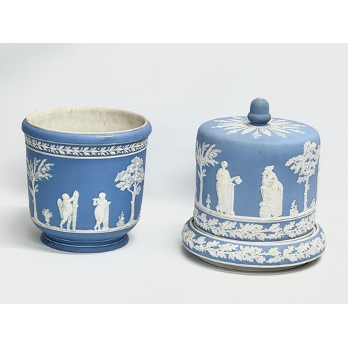 295 - Large late 19th century Jasperware. A large Jasperware cheese dome and a jardiniere by Wedgwood. 26x... 