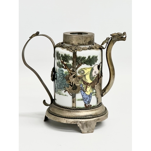 298 - A collection of two 20th century Chinese/Tibetan enamelled metal bound teapots. 16th/17th century se... 