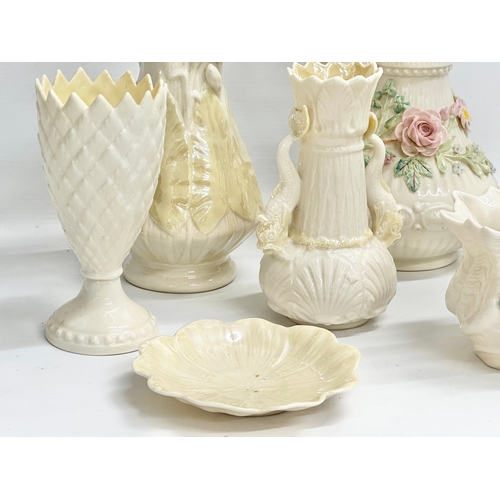 301 - A collection of 4th period Belleek pottery. Honey pot 15x16cm. Jug 23cm.