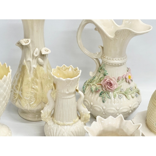 301 - A collection of 4th period Belleek pottery. Honey pot 15x16cm. Jug 23cm.