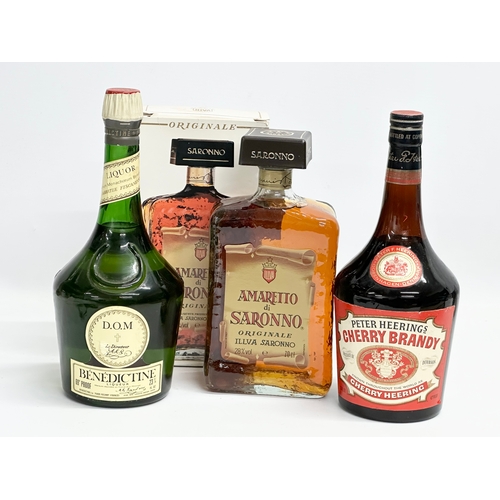 455B - 3 bottles of alcohol. A Peter Heerings Cherry Brandy. A D.O.M Benedictine Liqueur. An Amaretto di Sa... 