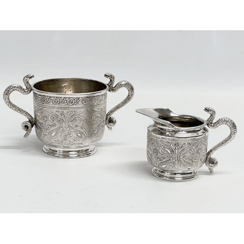 340 - A good quality 3 piece late 19th/early 20th century plated tea service with snake and wolf handles. ... 