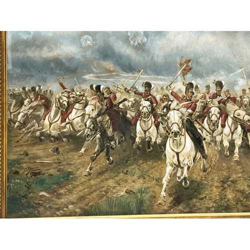 347 - A 19th century remarque oil painting of The Scots Greys Charge, Battle of Waterloo. In original gilt... 