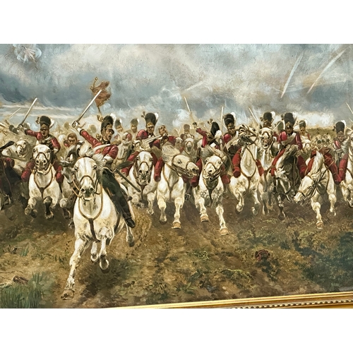 347 - A 19th century remarque oil painting of The Scots Greys Charge, Battle of Waterloo. In original gilt... 