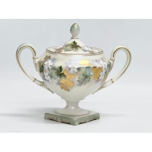 349 - A 3 piece R.S. Prussia porcelain tea service. Decorated with embossed gilt flowers and autumn leaves... 