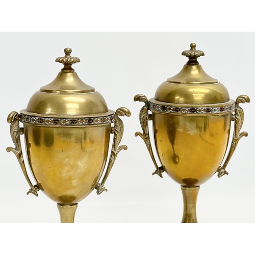 310 - A pair of late 29th century brass and cloisonné enamel garnitures. 10x19cm