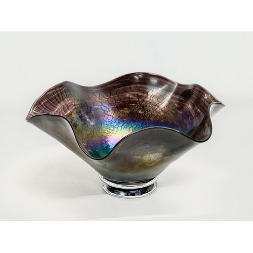 311 - A Kenneth Marine Iridescent Art Glass frilled rim bowl. Signed. 25x13cm