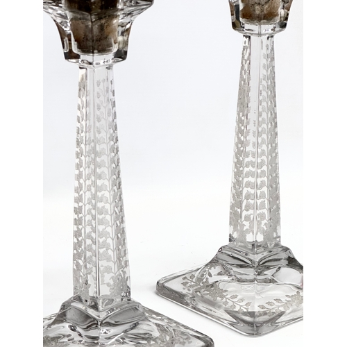 254 - A pair of good quality late 19th/early 20th century etched glass converted lamps/candlesticks. 11x11... 