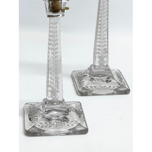 254 - A pair of good quality late 19th/early 20th century etched glass converted lamps/candlesticks. 11x11... 